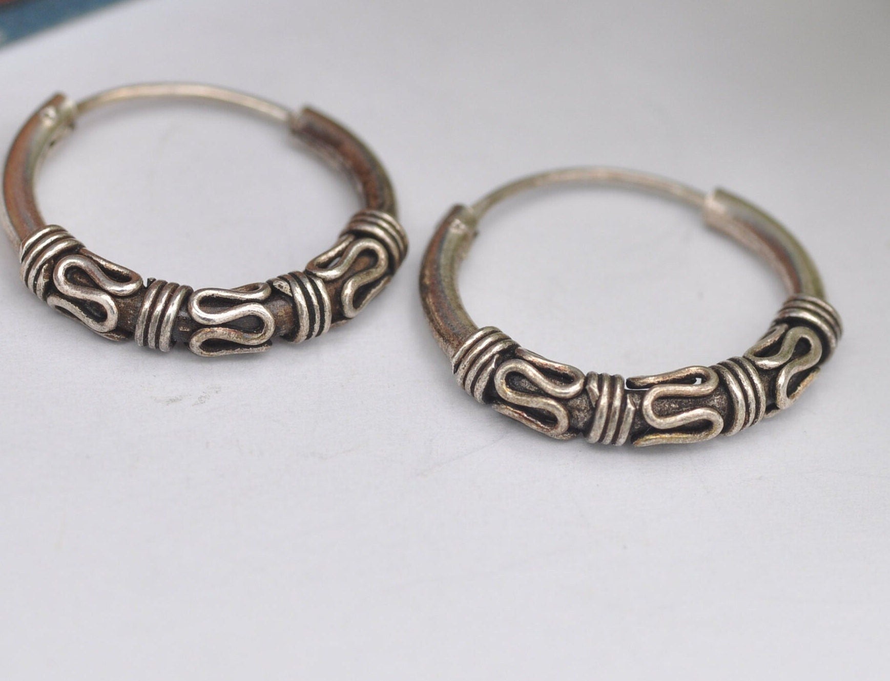 Vintage Sterling Silver Ornate Hoop Earrings