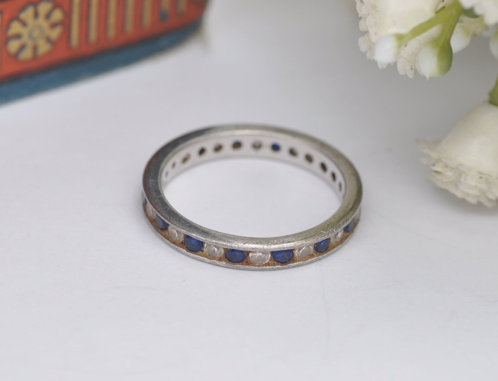 Vintage Sterling Silver Eternity Ring with Channel Set Blue and Clear Stones