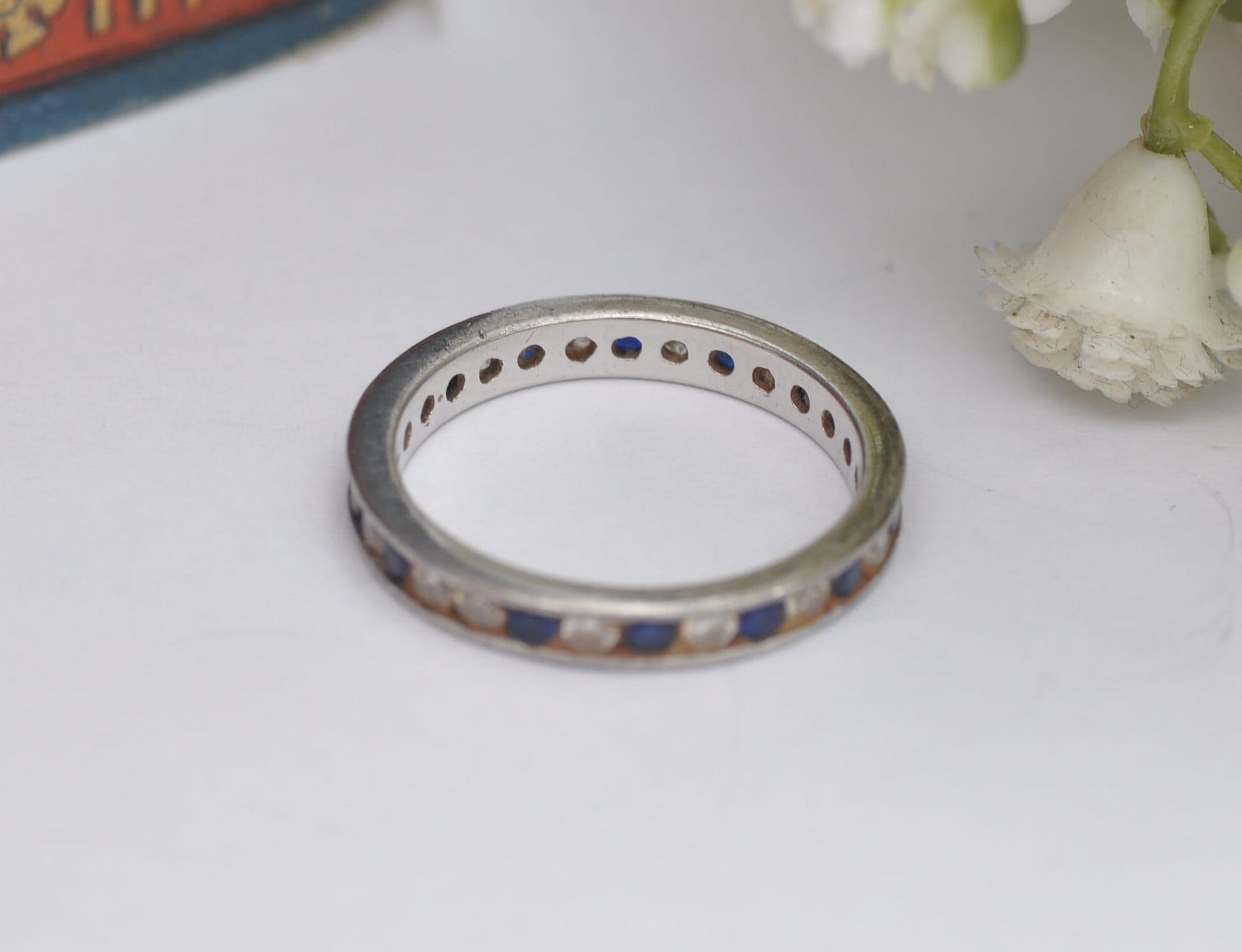 Vintage Sterling Silver Eternity Ring with Channel Set Blue and Clear Stones