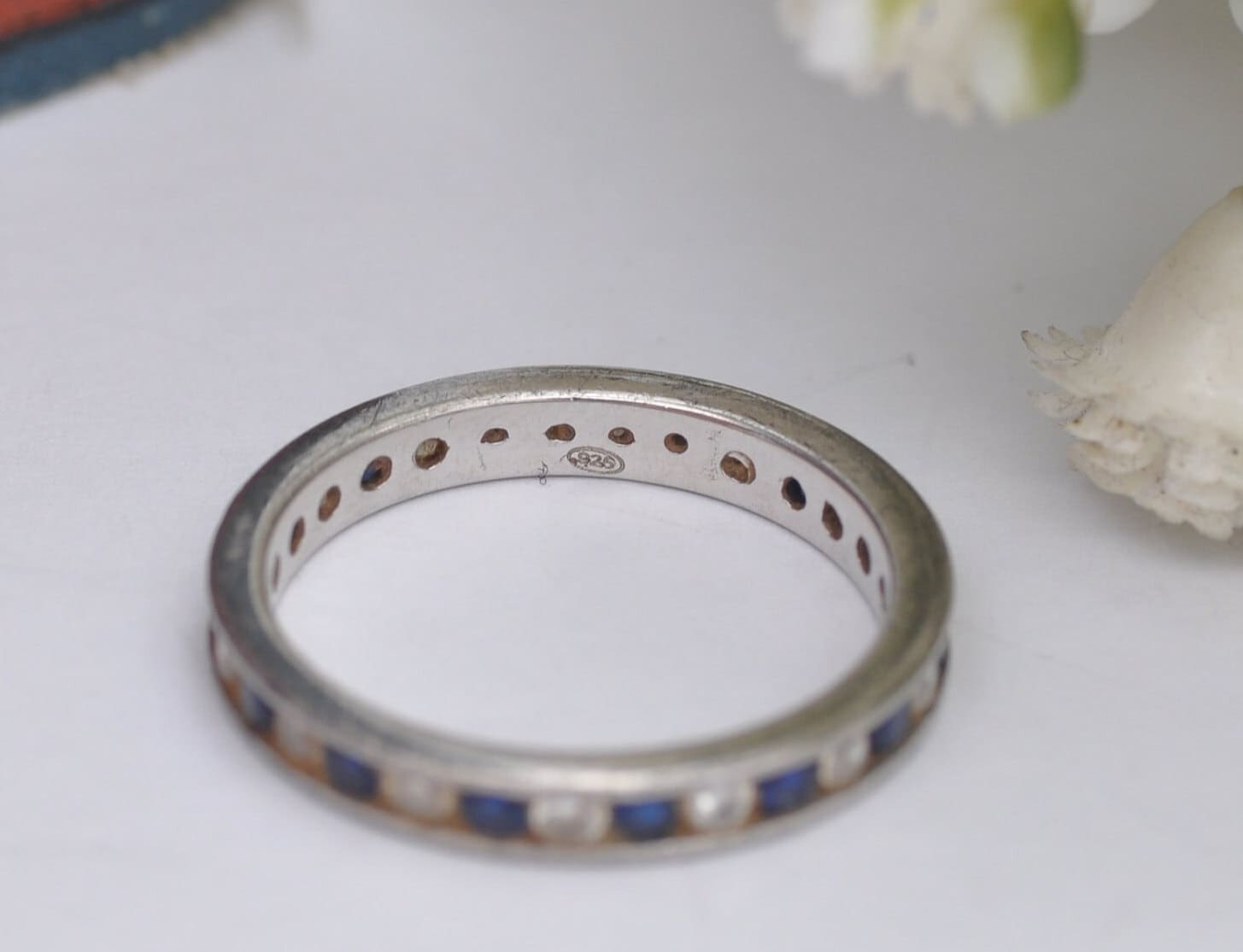 Vintage Sterling Silver Eternity Ring with Channel Set Blue and Clear Stones