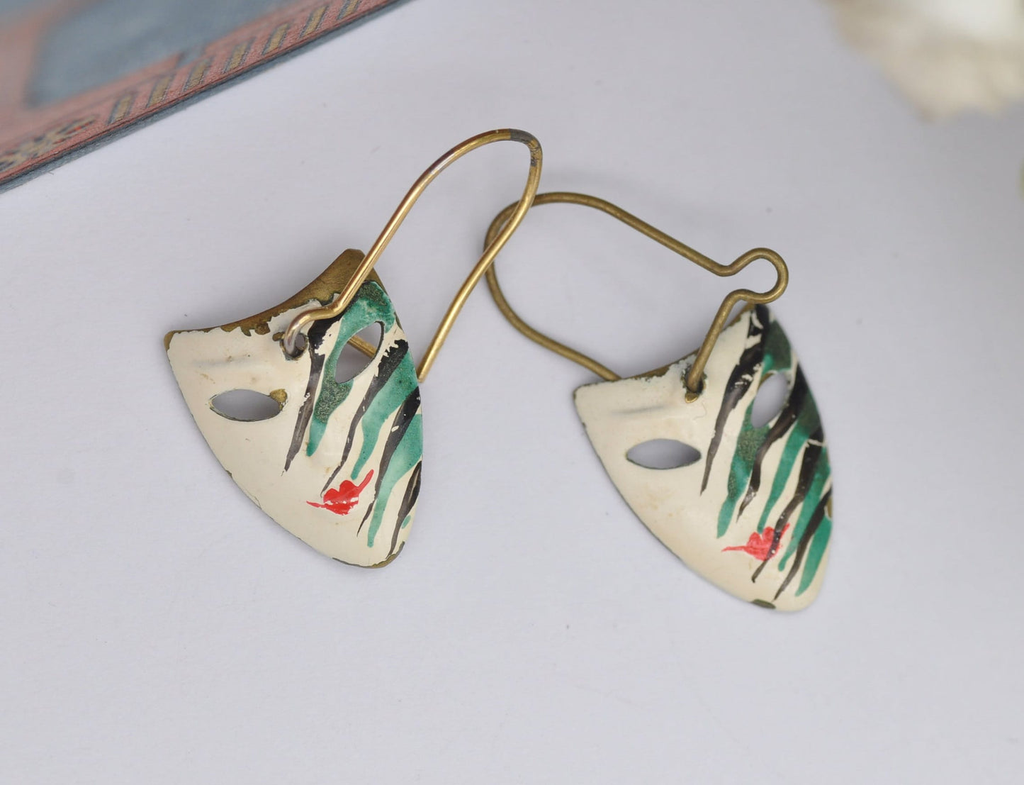 Vintage Enamel Venetian Mask Drop Earrings