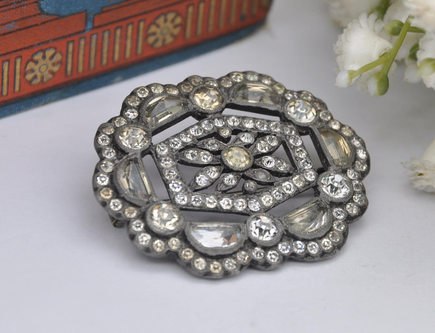 Vintage Art Deco Silver Tone Floral White Paste Brooch