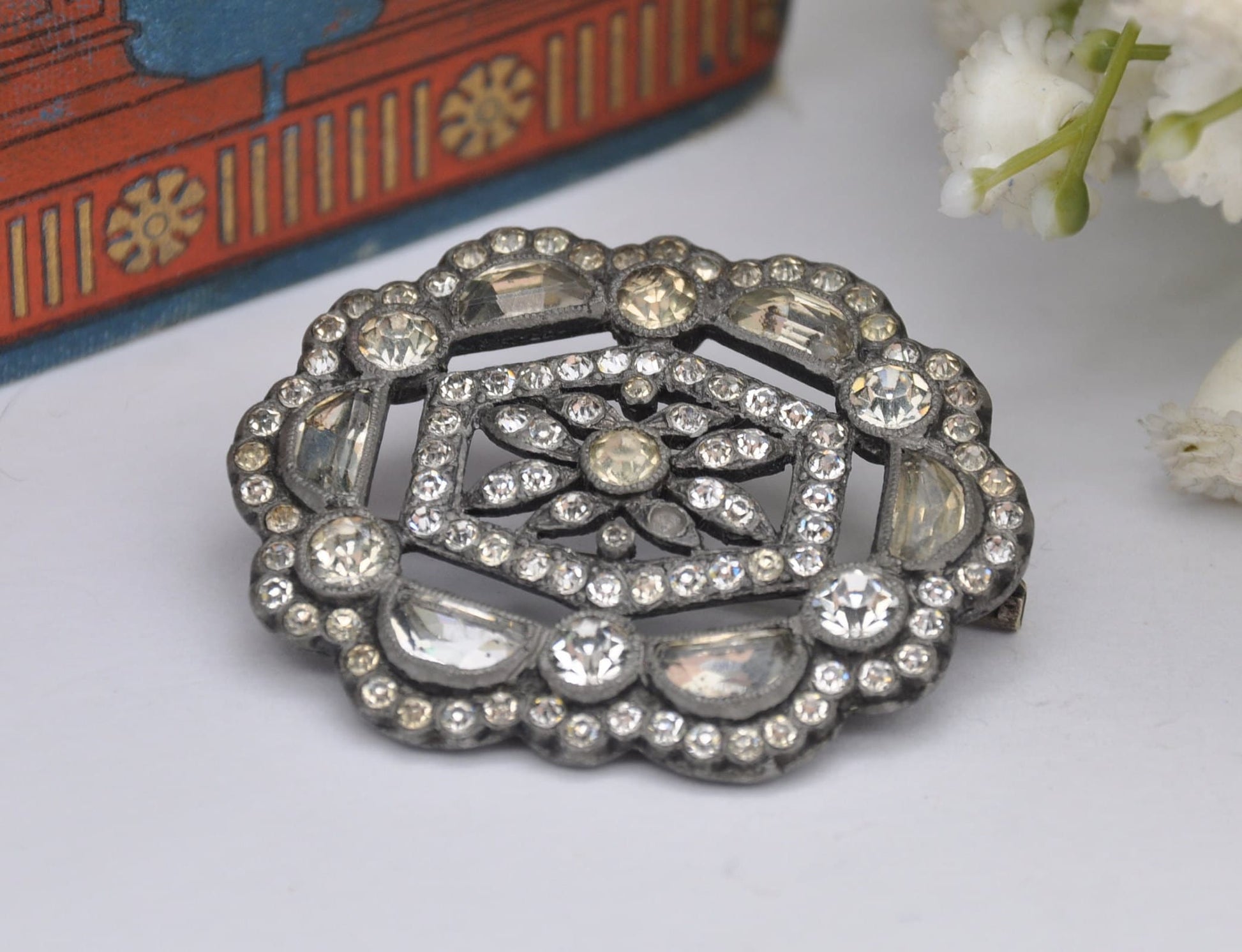 Vintage Art Deco Silver Tone Floral White Paste Brooch