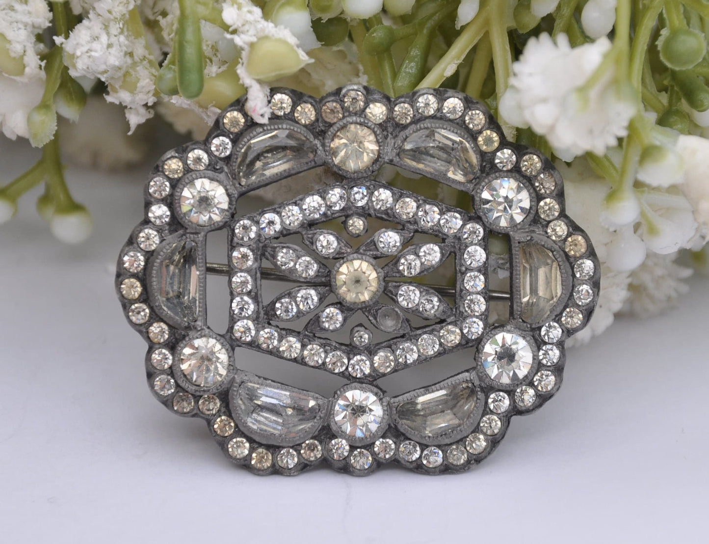 Vintage Art Deco Silver Tone Floral White Paste Brooch