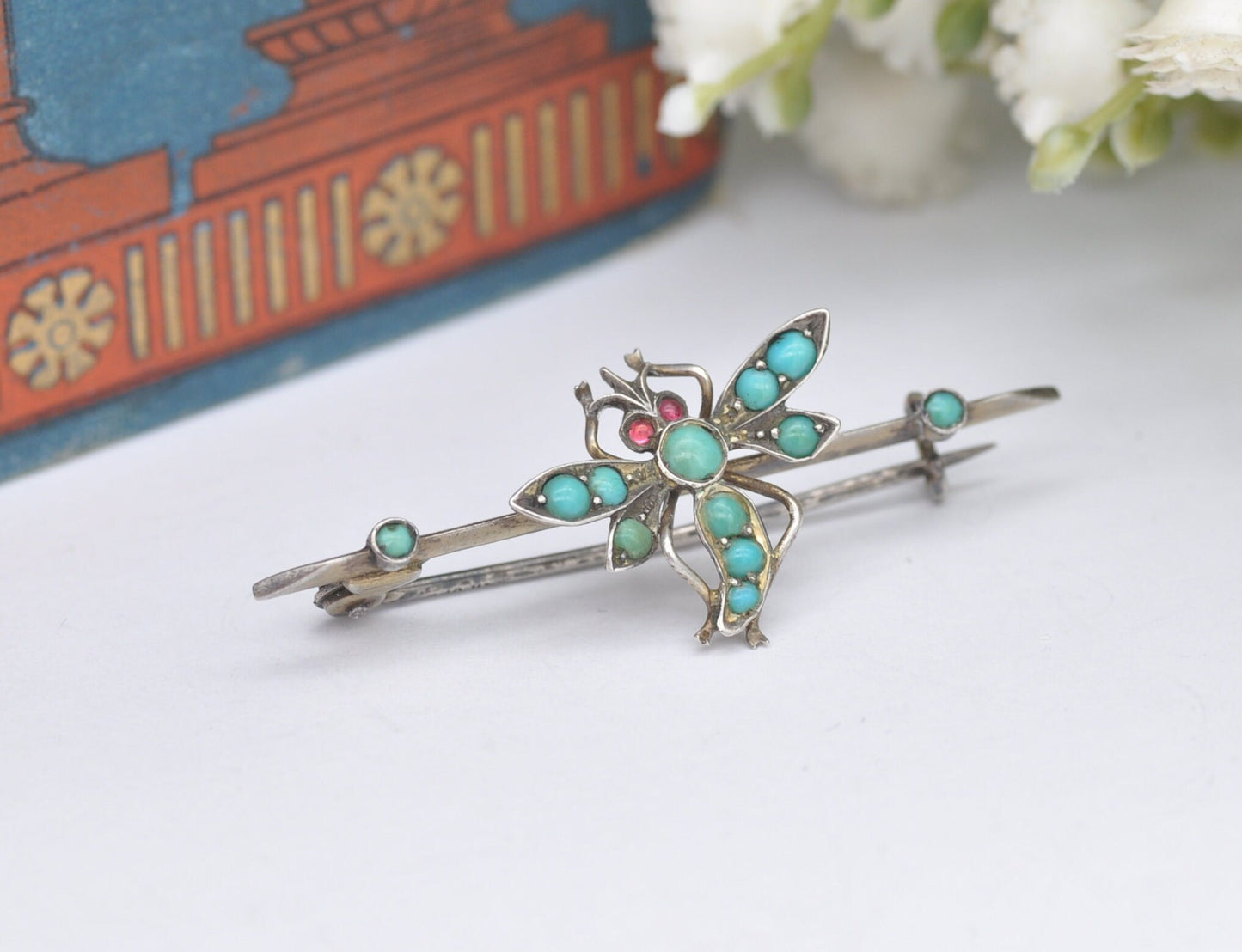 Antique Sterling Silver Turquoise Dragonfly Brooch with Garnet Eyes