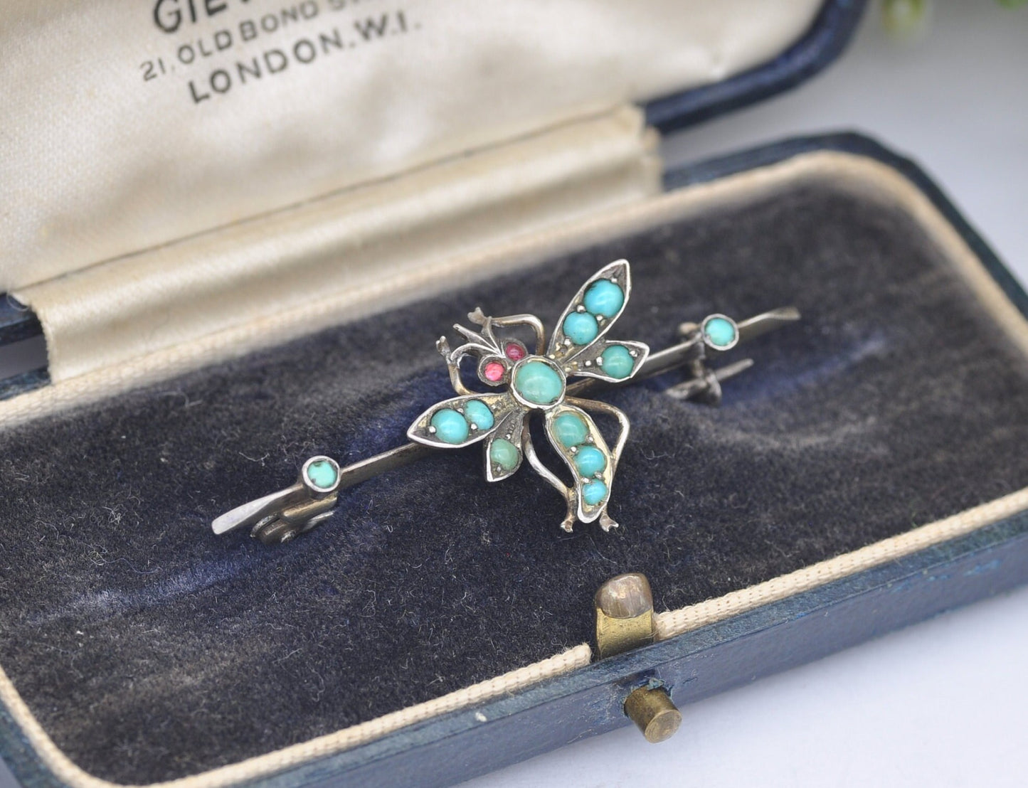 Antique Sterling Silver Turquoise Dragonfly Brooch with Garnet Eyes