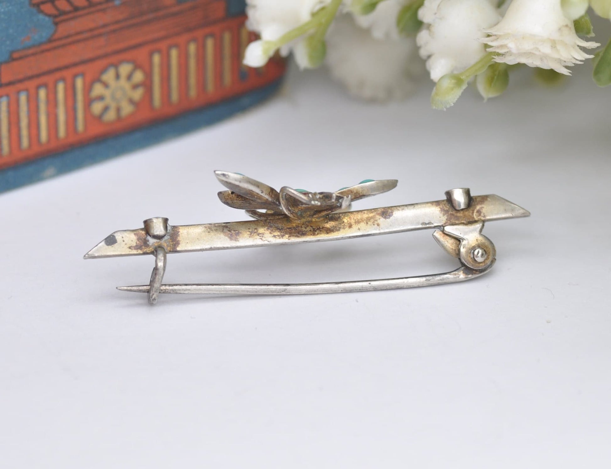 Antique Sterling Silver Turquoise Dragonfly Brooch with Garnet Eyes