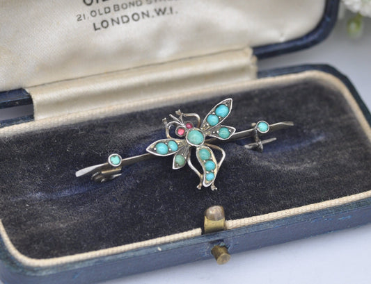 Antique Sterling Silver Turquoise Dragonfly Brooch with Garnet Eyes