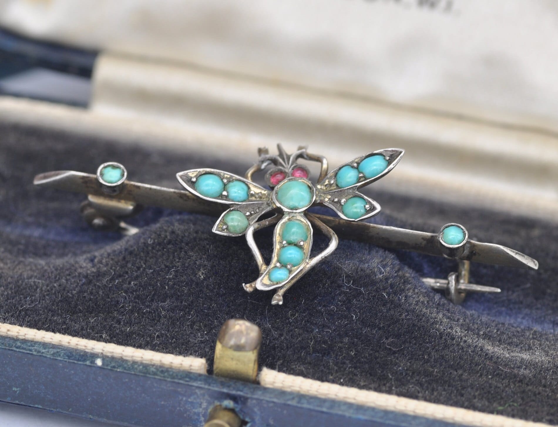 Antique Sterling Silver Turquoise Dragonfly Brooch with Garnet Eyes