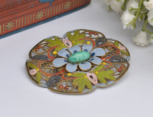 Vintage Czech Filigree Enamel Flower Brooch Set with Peking Glass