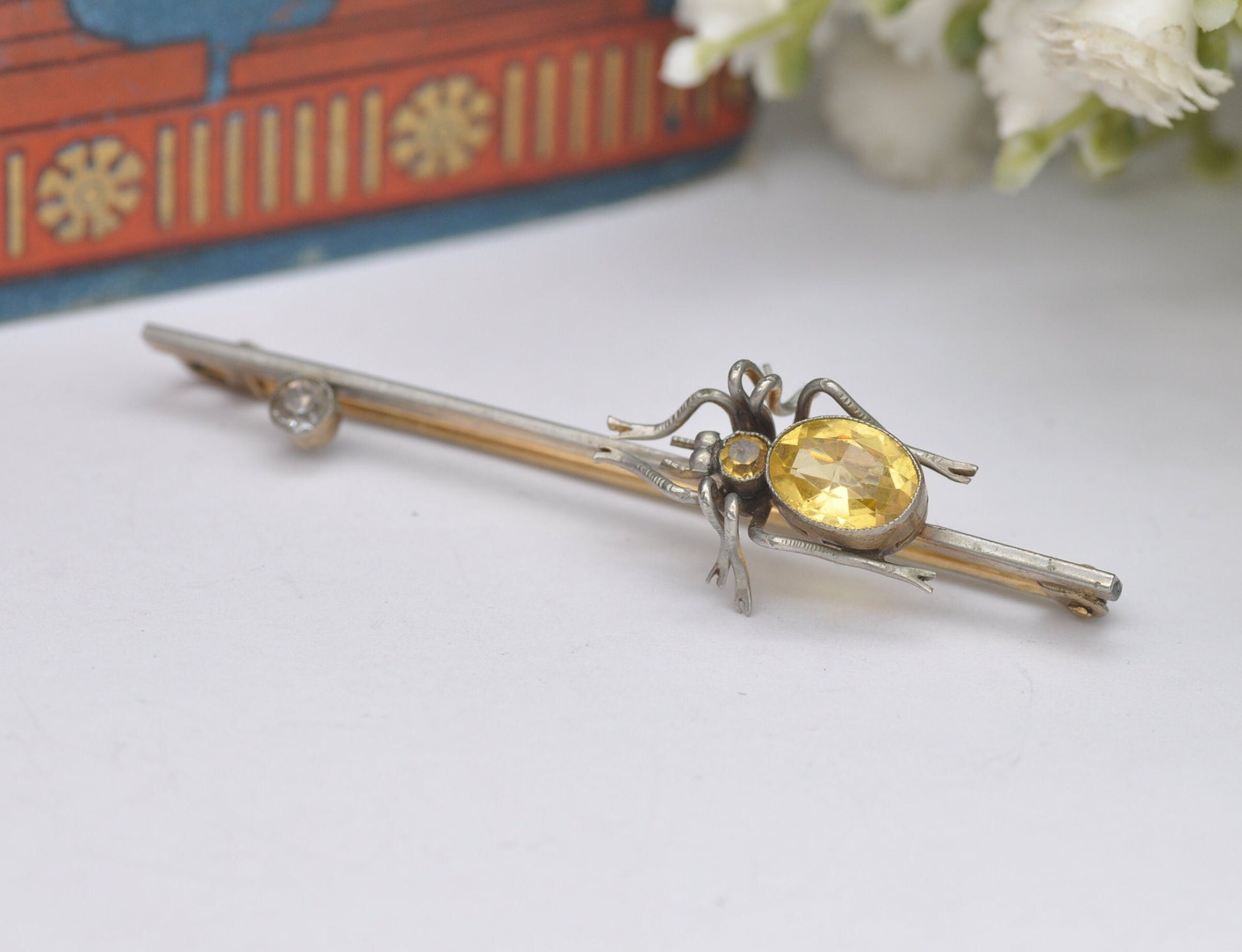 Antique Sterling Silver Spider Brooch Set with Citrine Paste