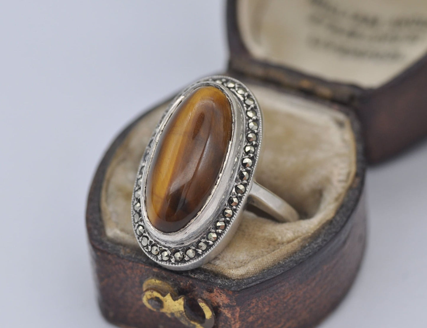 Vintage Sterling Silver Tiger's Eye and Marcasite Ring - UK Size - K / US Size - 5 1/4