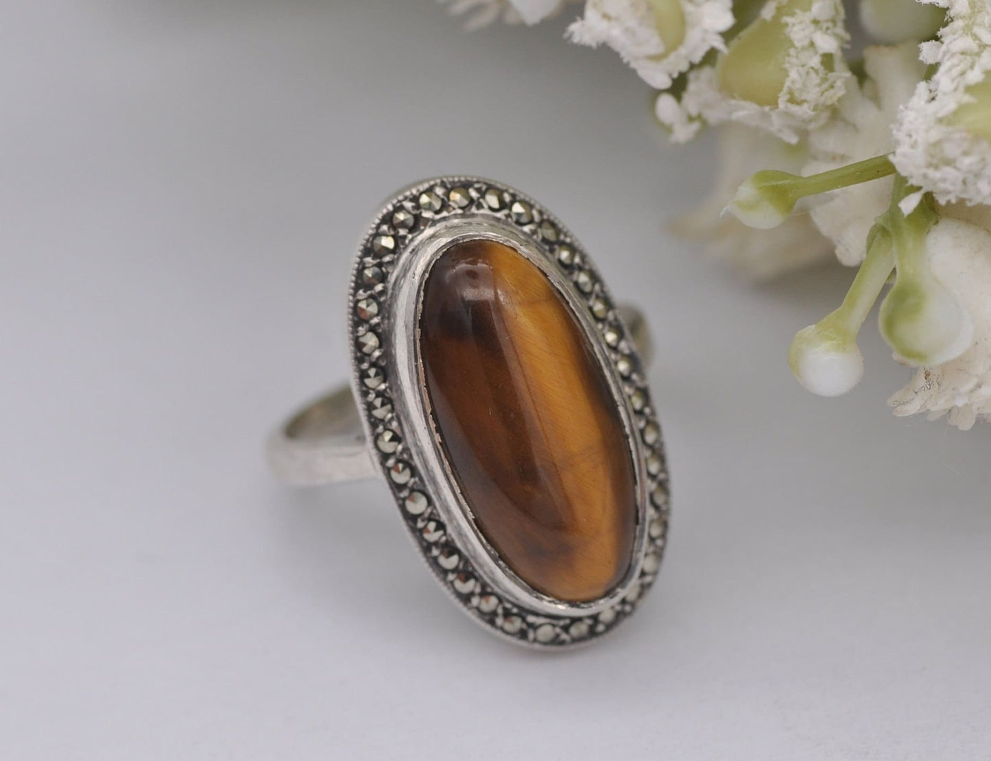 Vintage Sterling Silver Tiger's Eye and Marcasite Ring - UK Size - K / US Size - 5 1/4