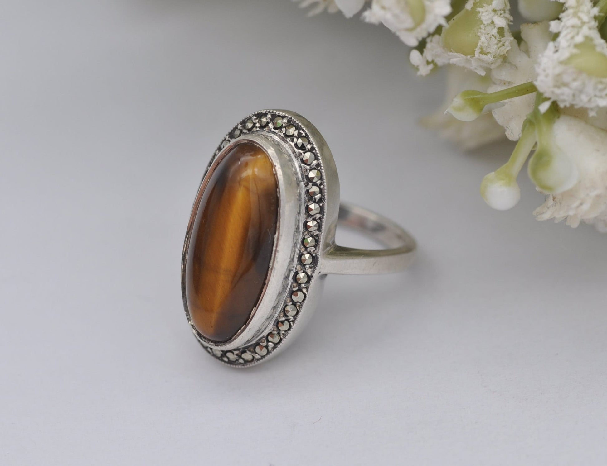 Vintage Sterling Silver Tiger's Eye and Marcasite Ring - UK Size - K / US Size - 5 1/4