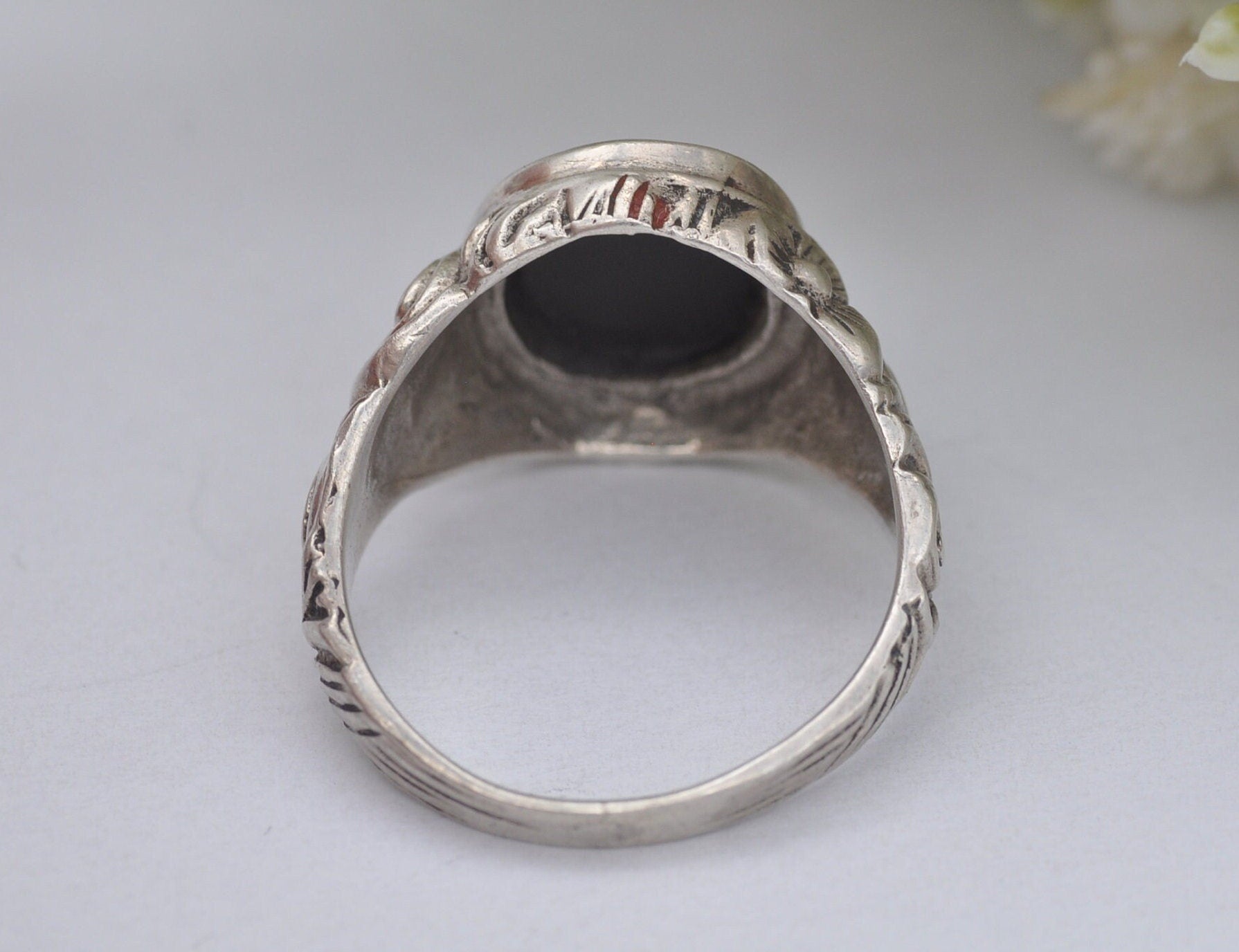 Vintage Sterling Silver Onyx Ring - UK Size - Q 1/2 / US Size - 8 1/4