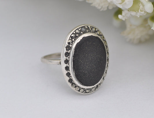 Vintage 935 Silver Onyx and Marcasite Ring - UK Size - F 1/2 / US Size - 3