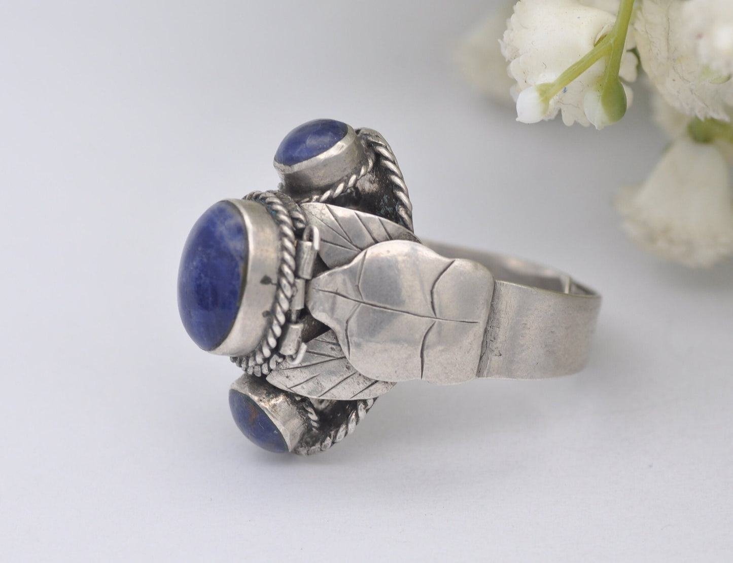 Vintage Mexico Sterling Silver Sodalite Poison Ring - UK Size - R / US Size - 8 1/2