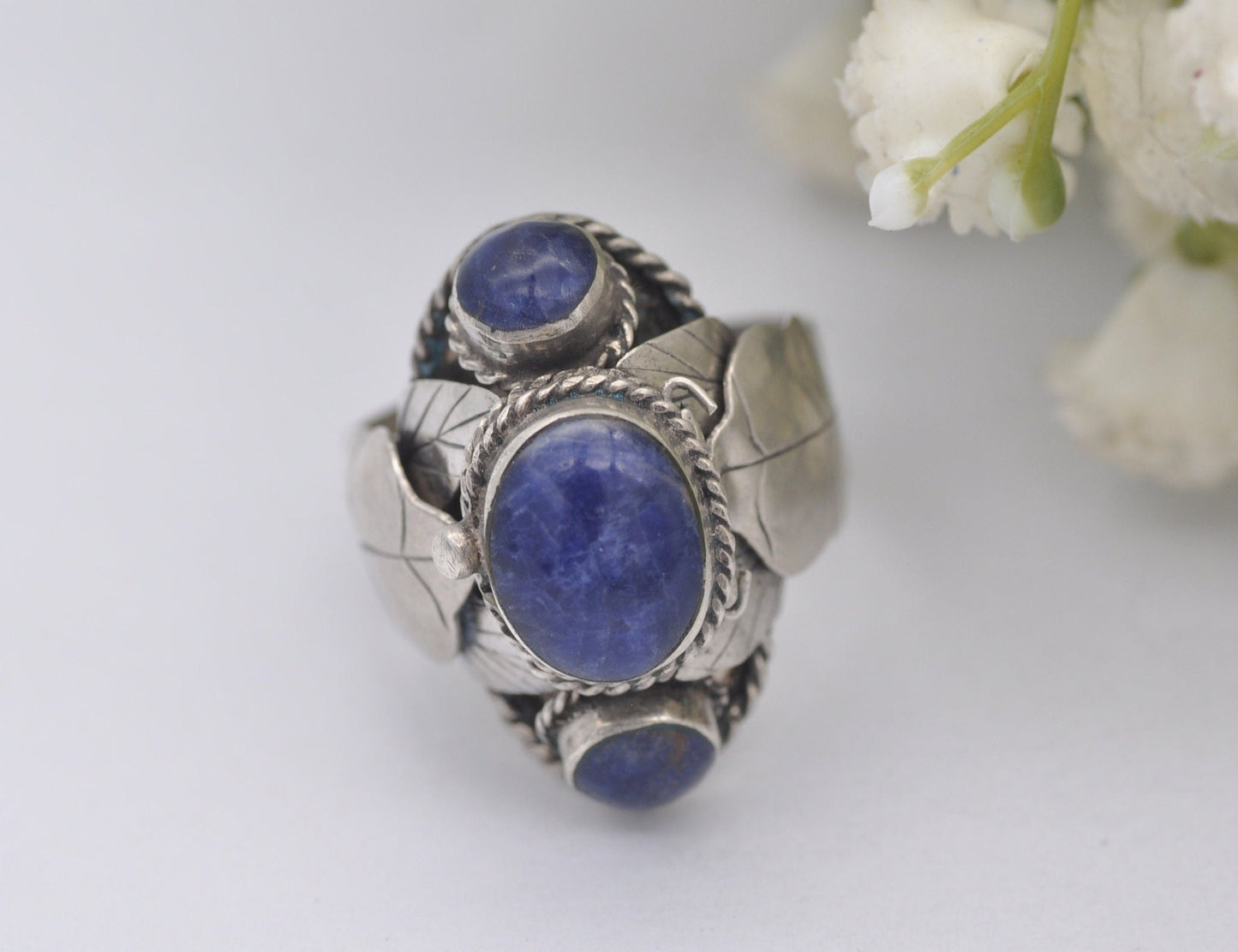 Vintage Mexico Sterling Silver Sodalite Poison Ring - UK Size - R / US Size - 8 1/2