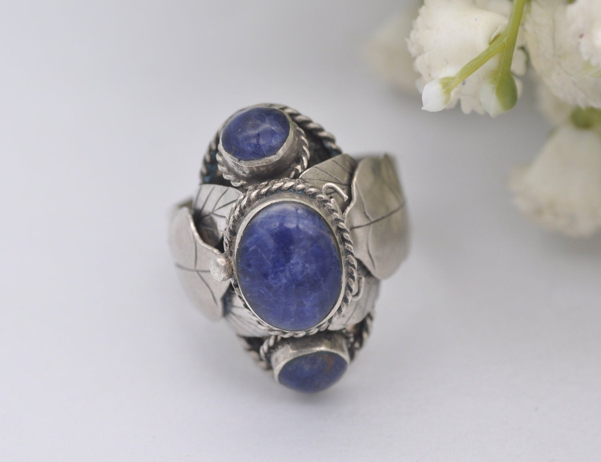 Vintage Mexico Sterling Silver Sodalite Poison Ring - UK Size - R / US Size - 8 1/2