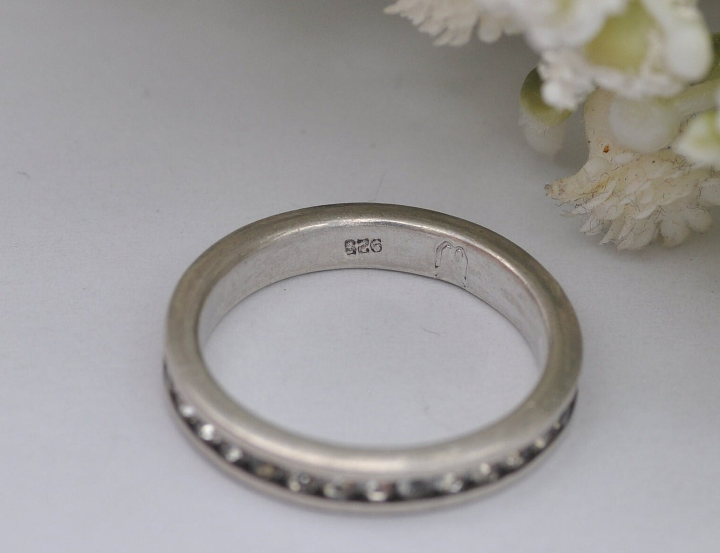 Vintage Sterling Silver Eternity Ring with Channel Set Clear Stones - UK Size - P / US Size - 7 1/2