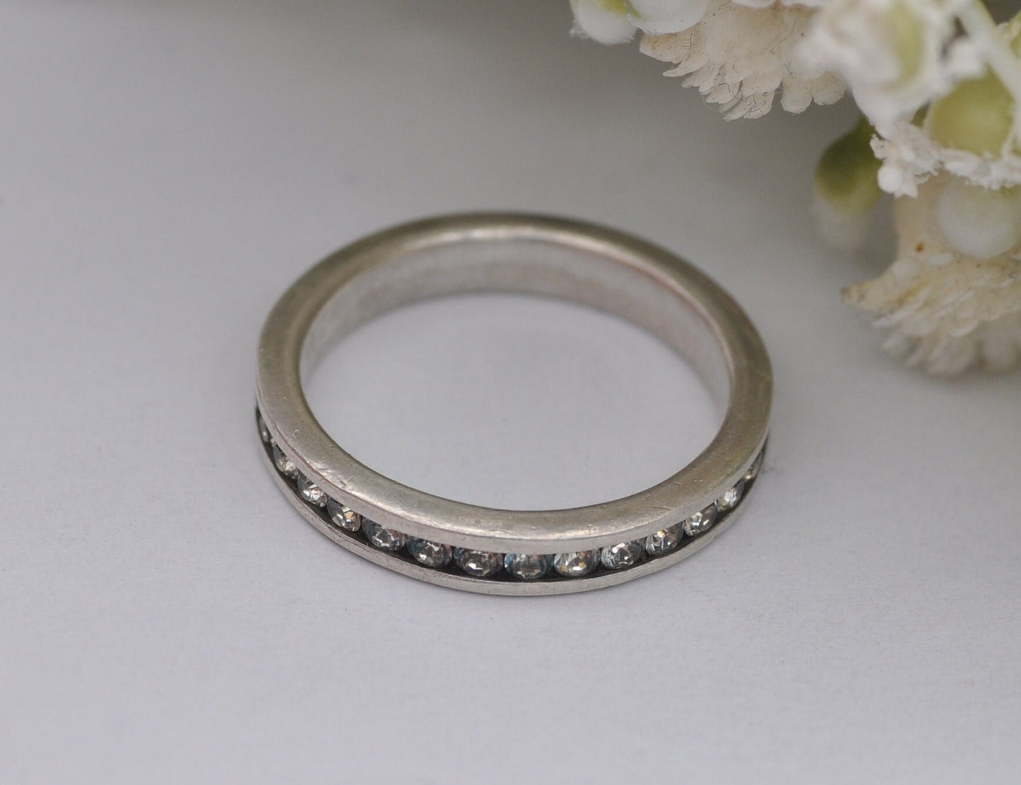 Vintage Sterling Silver Eternity Ring with Channel Set Clear Stones - UK Size - P / US Size - 7 1/2