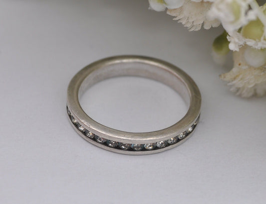 Vintage Sterling Silver Eternity Ring with Channel Set Clear Stones - UK Size - P / US Size - 7 1/2