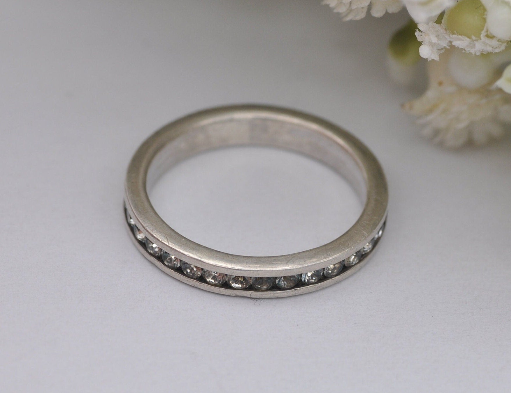 Vintage Sterling Silver Eternity Ring with Channel Set Clear Stones - UK Size - P / US Size - 7 1/2