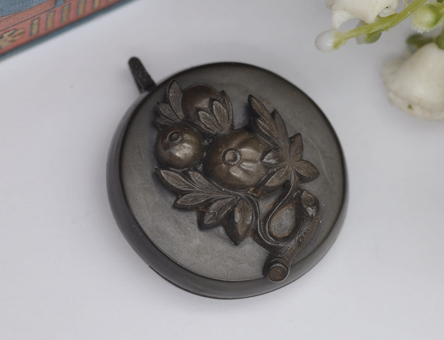 Antique Victorian Vulcanite Locket with Fruit Tree Design and Hand Carved Inside