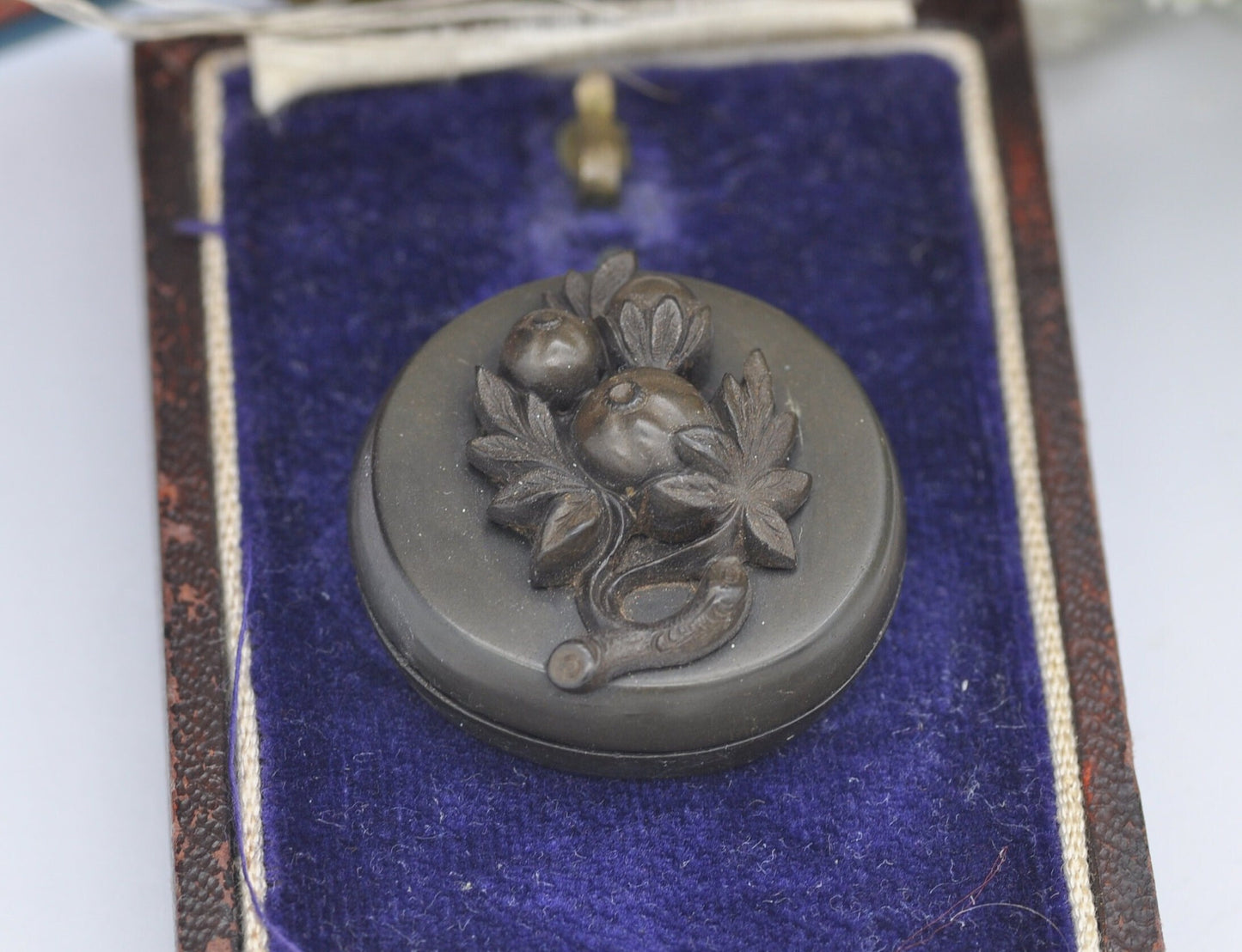 Antique Victorian Vulcanite Locket with Fruit Tree Design and Hand Carved Inside