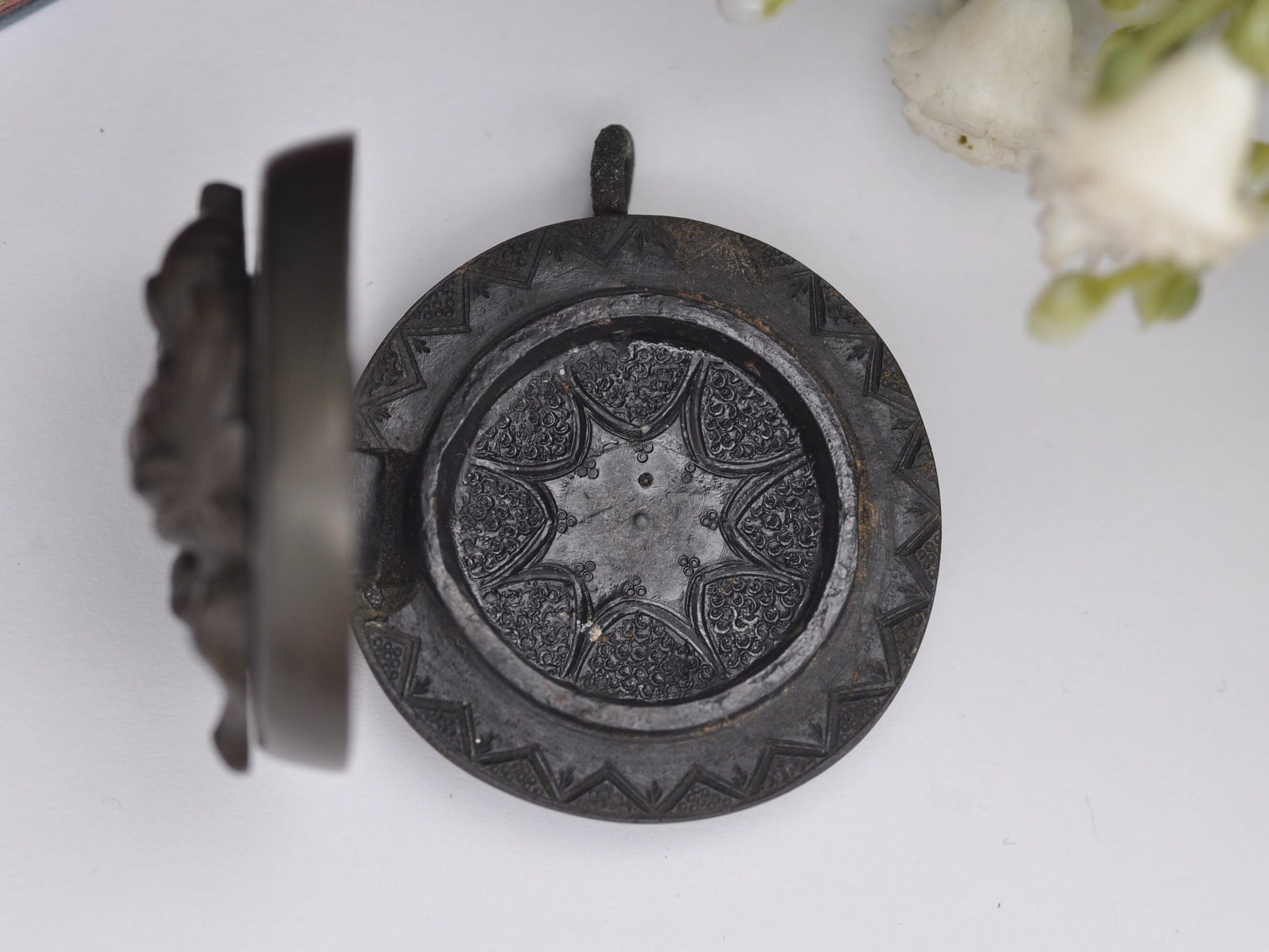 Antique Victorian Vulcanite Locket with Fruit Tree Design and Hand Carved Inside