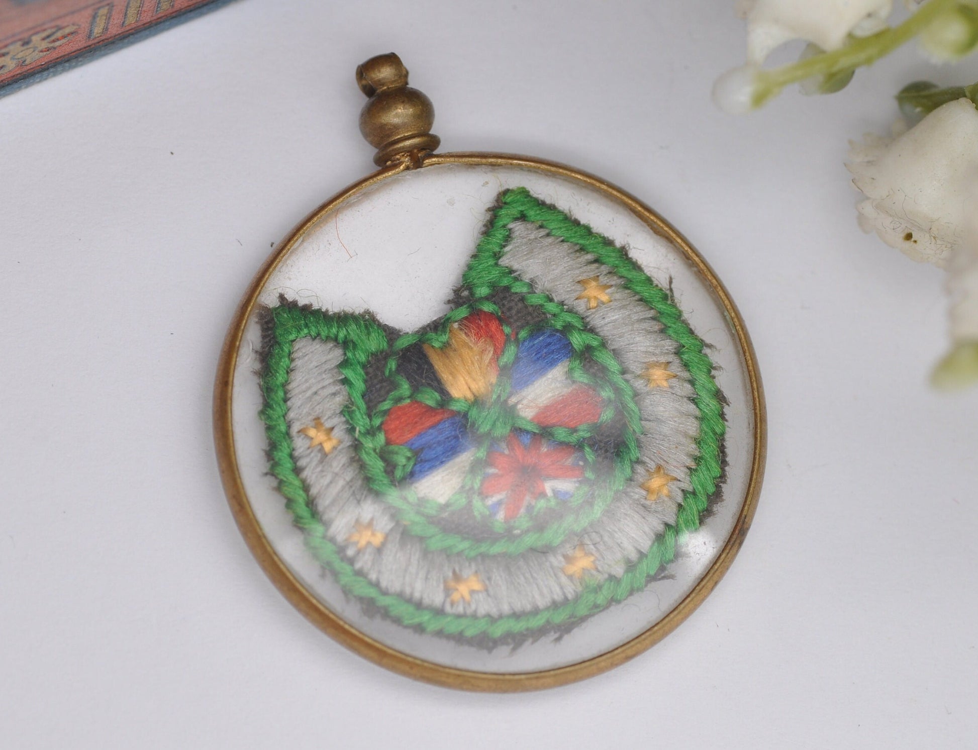 Antique WWI Horsehoe Allies Embroidery Pendant in Glass Locket Frame