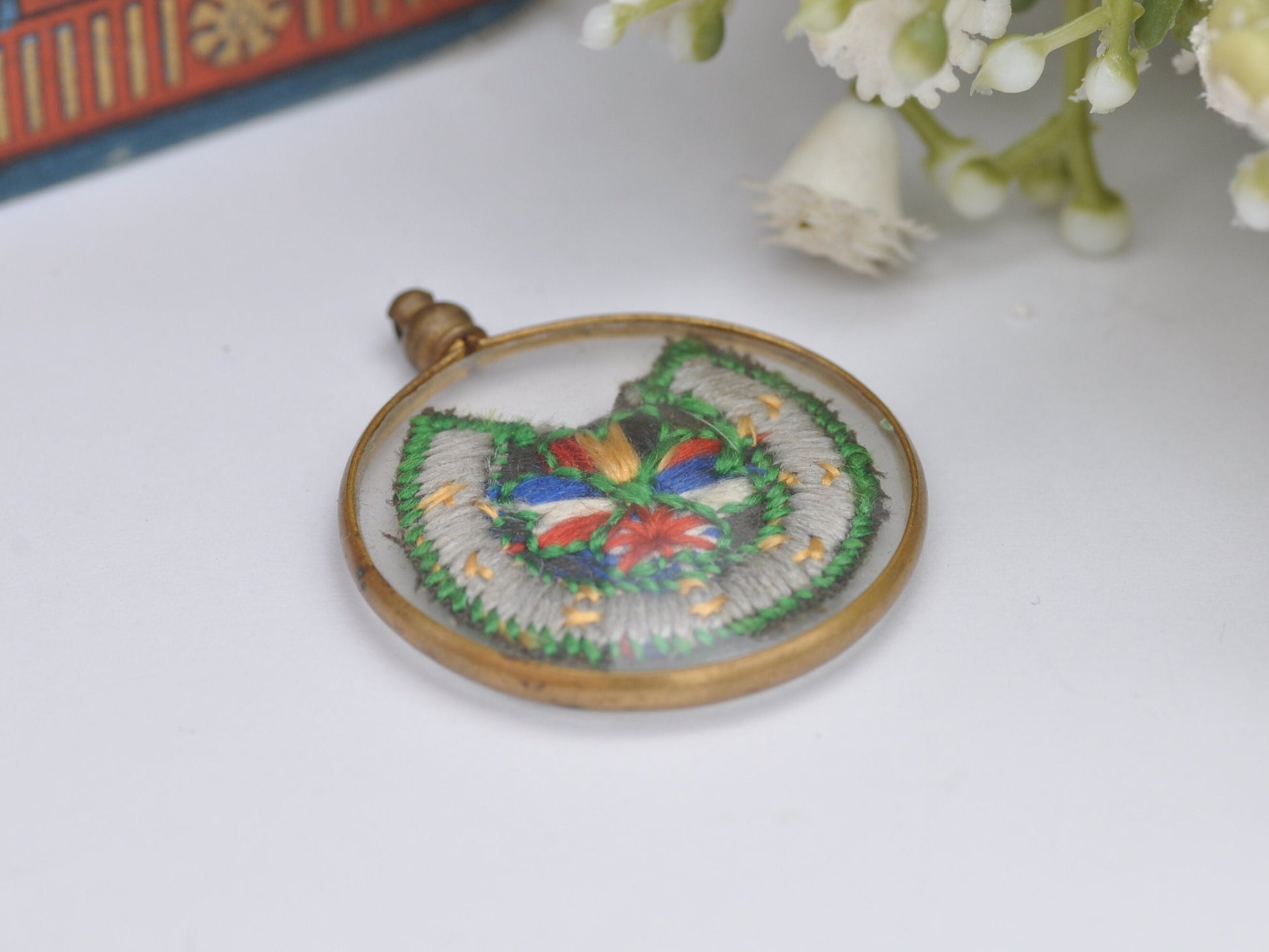 Antique WWI Horsehoe Allies Embroidery Pendant in Glass Locket Frame