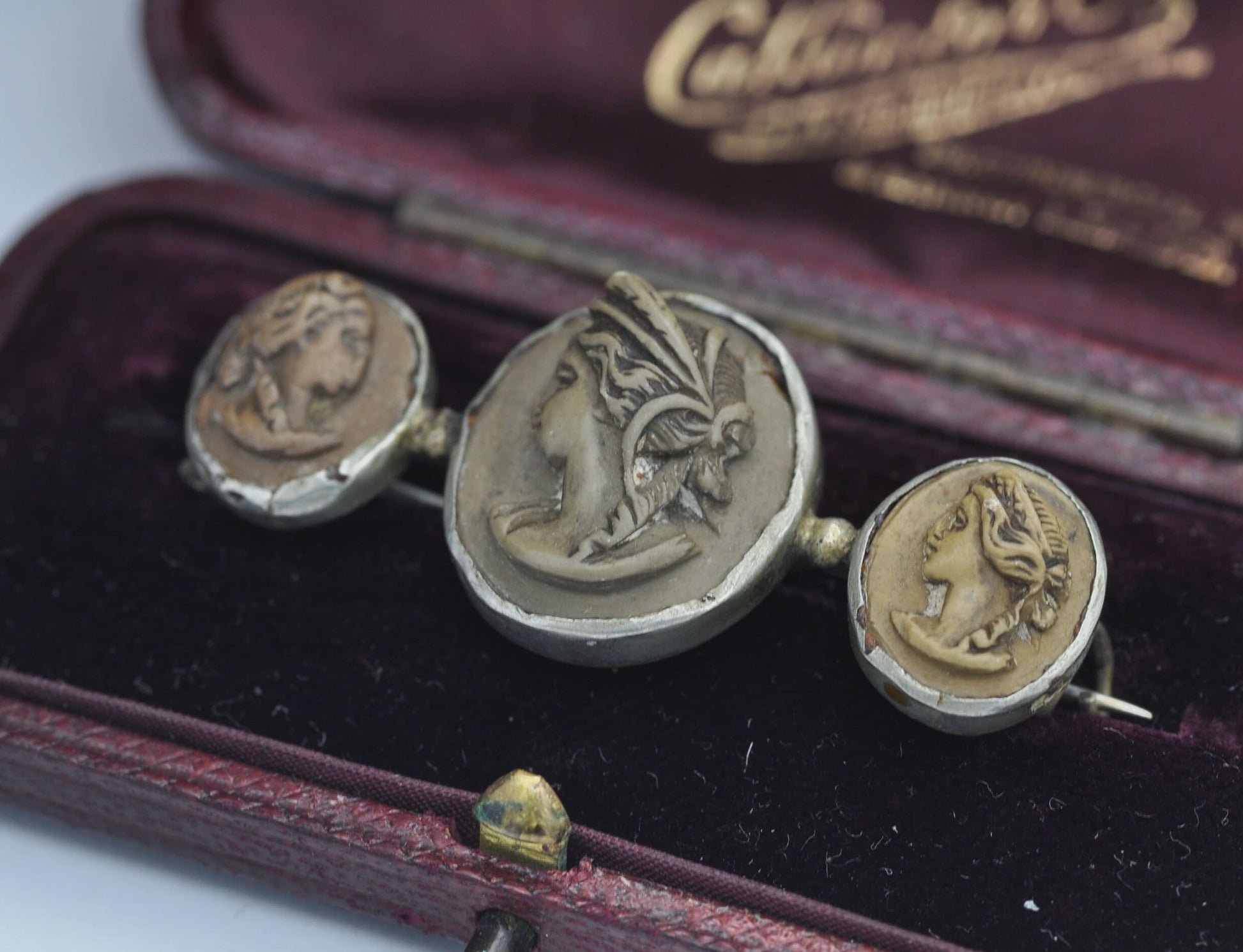 Antique Georgian Lava Cameo Brooch with Three Classical Faces