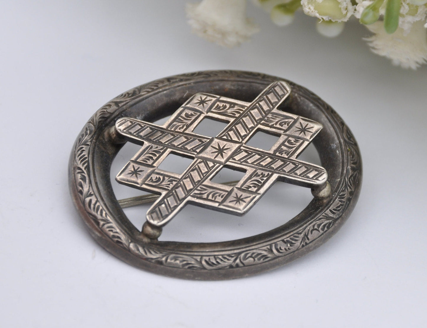 Antique Sterling Silver Victorian Brooch with Aesthetic Movement Engravings