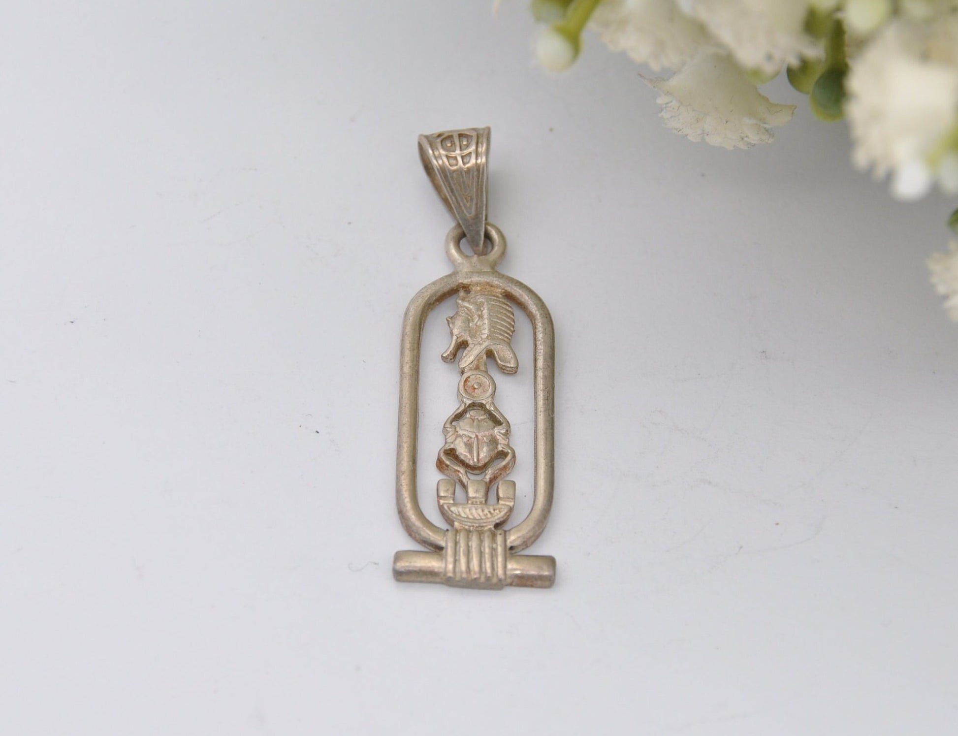 Vintage Sterling Silver Egyptian Cartouche Pendant with Hieroglyphs - Pharaoh & Scarab Beetle