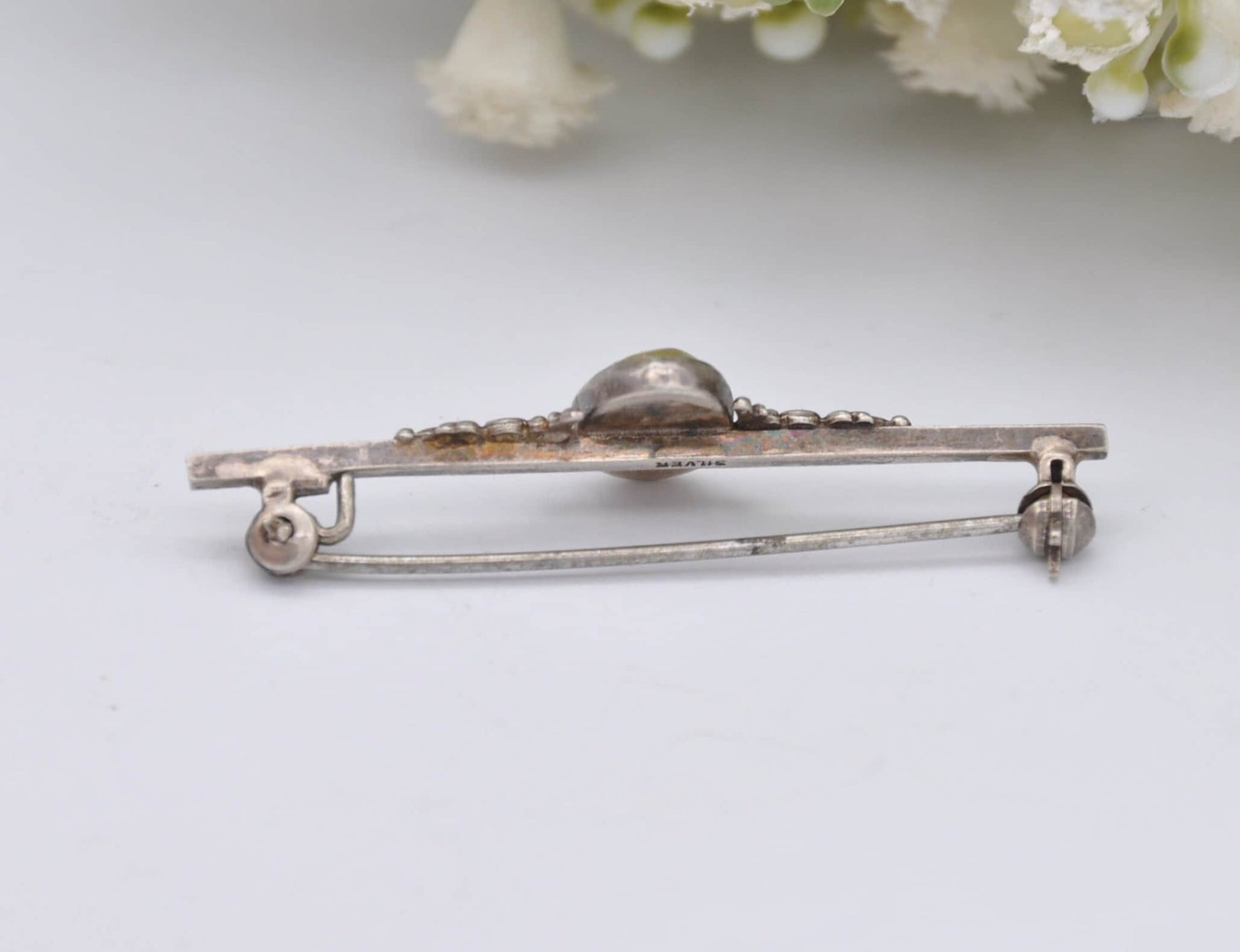 Vintage Sterling Silver Connemara Marble Bar Brooch, Art Deco 1930s