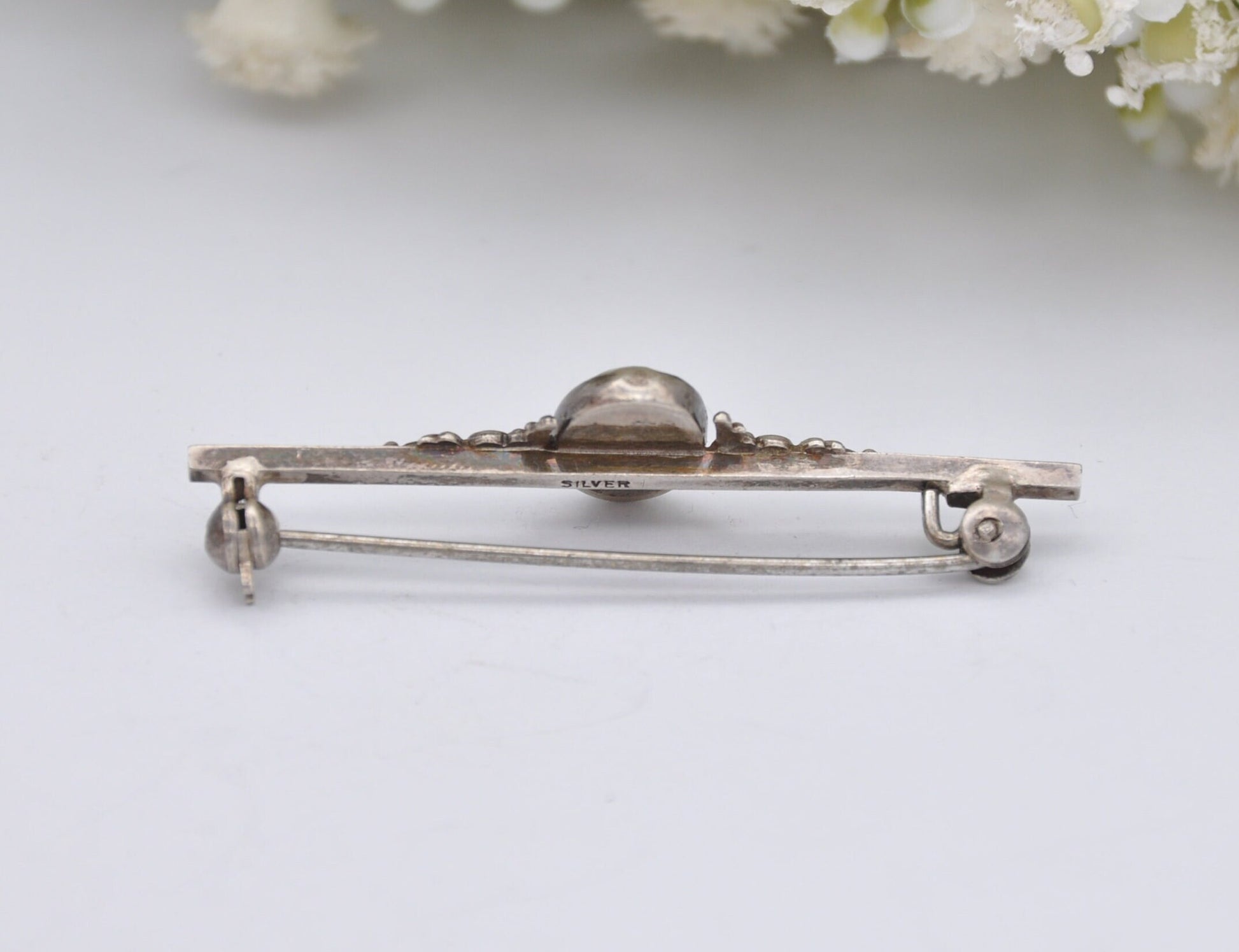 Vintage Sterling Silver Connemara Marble Bar Brooch, Art Deco 1930s