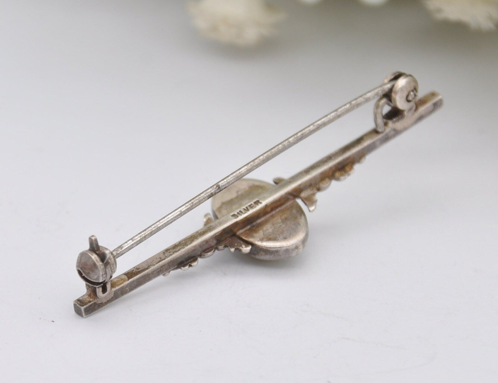 Vintage Sterling Silver Connemara Marble Bar Brooch, Art Deco 1930s