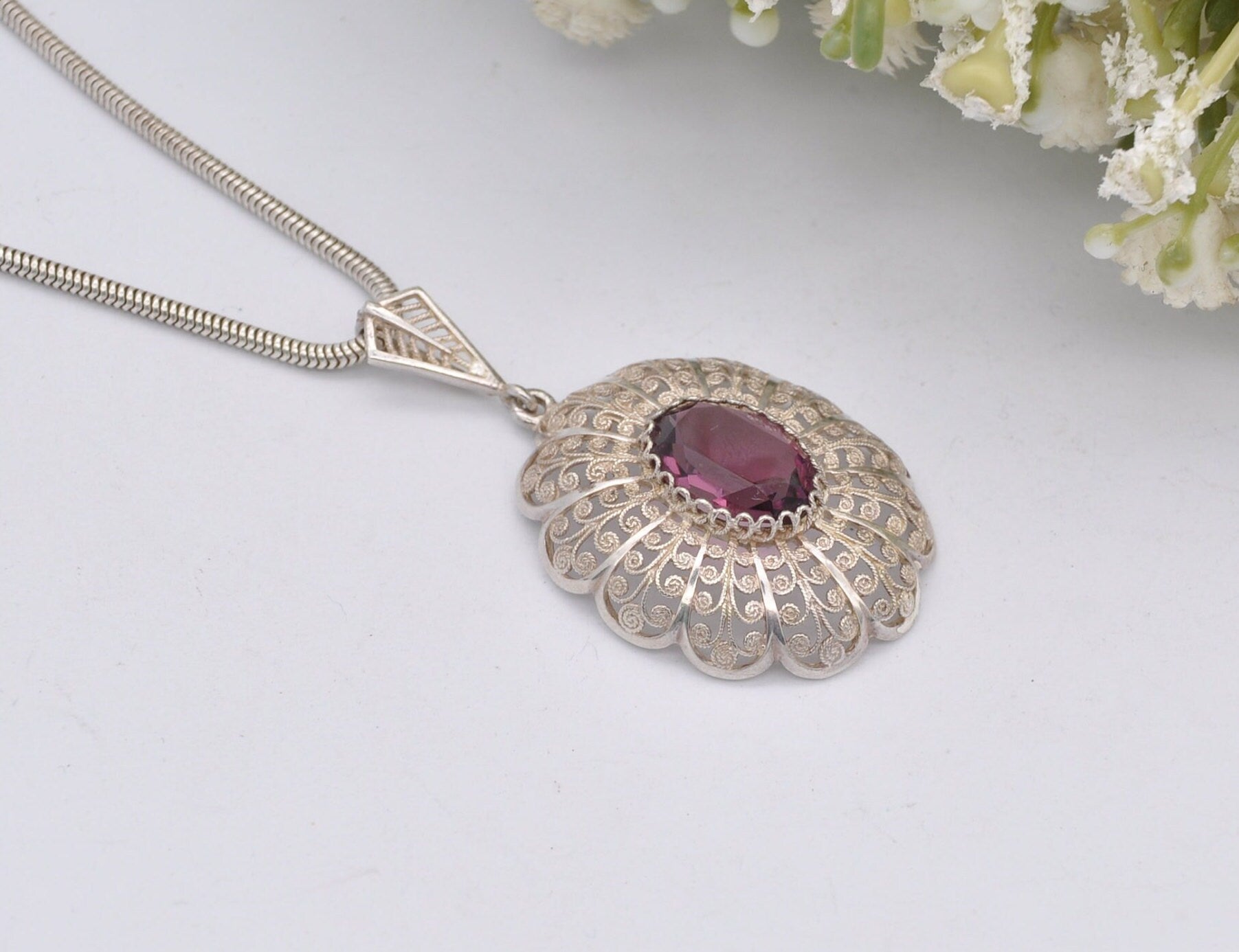 Vintage Sterling Silver Filigree Pendant Necklace with Purple Crystal Stone