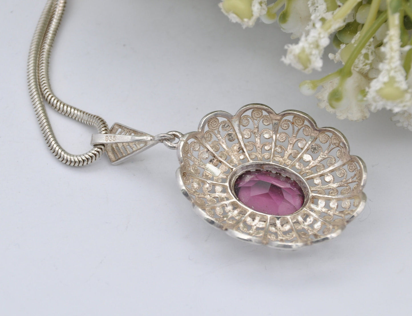 Vintage Sterling Silver Filigree Pendant Necklace with Purple Crystal Stone