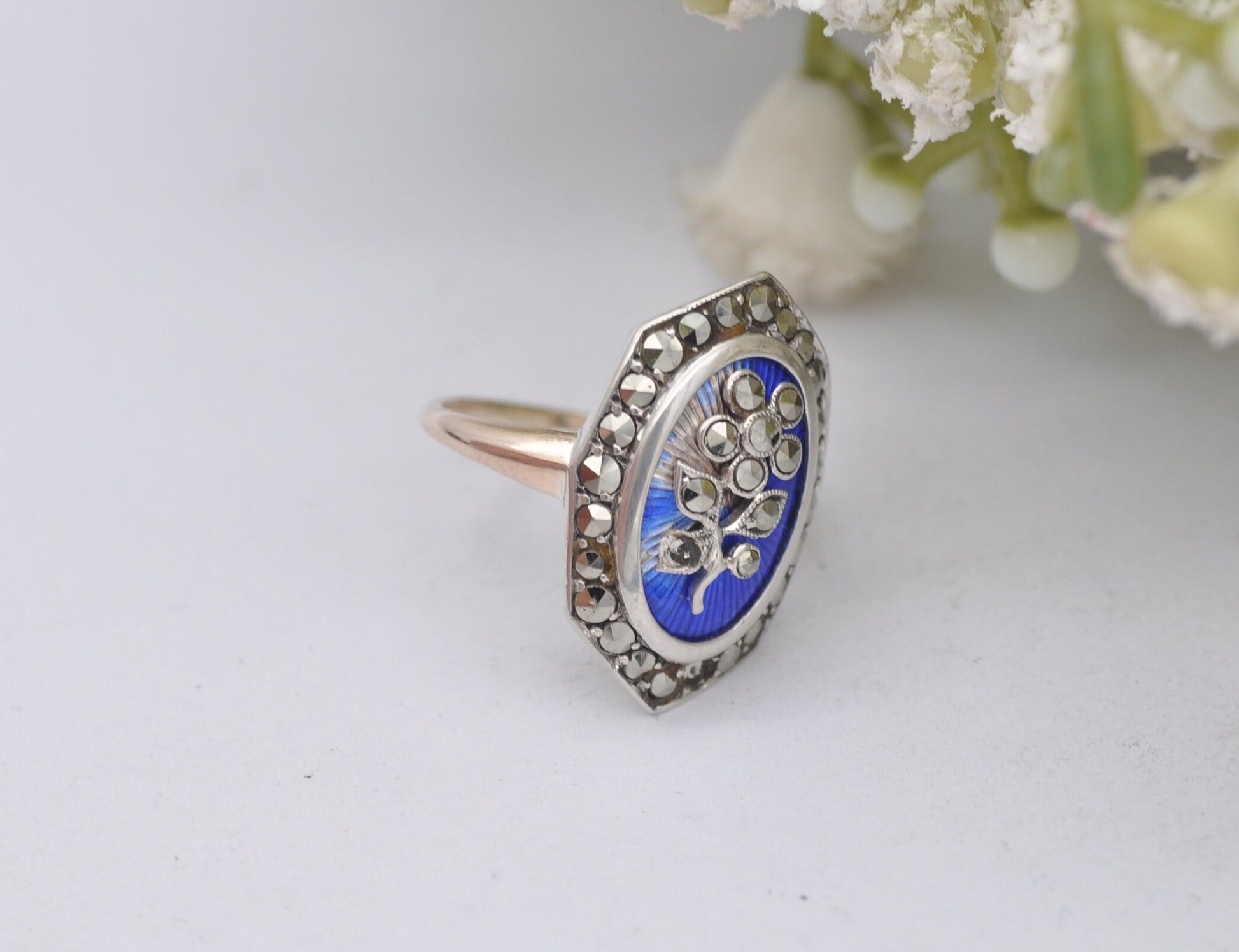 Antique Victorian 9ct Gold and Silver Flower Ring with Marcasite & Blue Enamel | UK Size - E 1/2 | US Size - 2 3/4