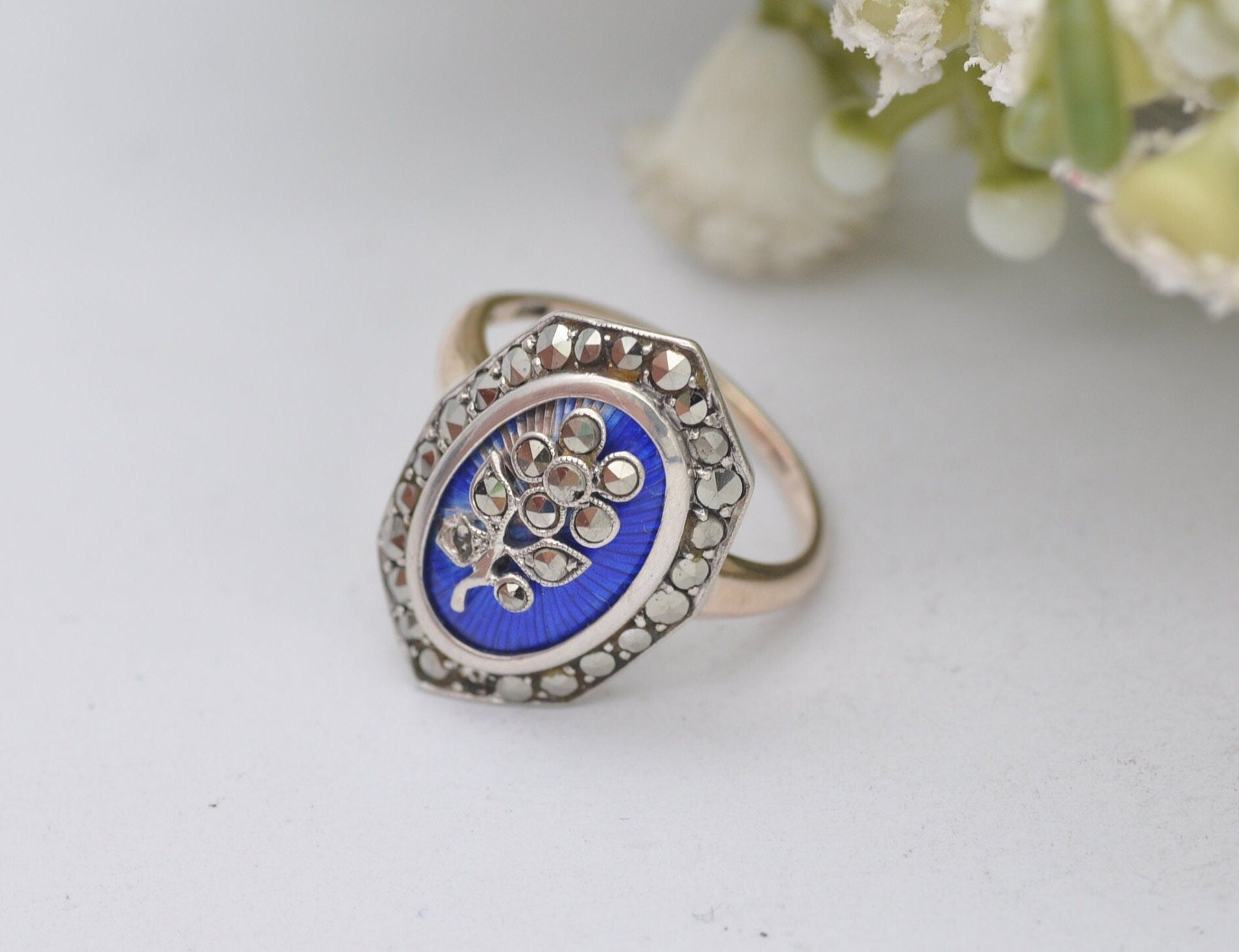 Antique Victorian 9ct Gold and Silver Flower Ring with Marcasite & Blue Enamel | UK Size - E 1/2 | US Size - 2 3/4