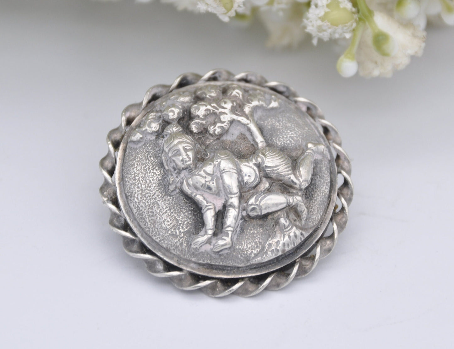 Antique Sterling Silver Indian Goddess Brooch - Repousse Tree and God