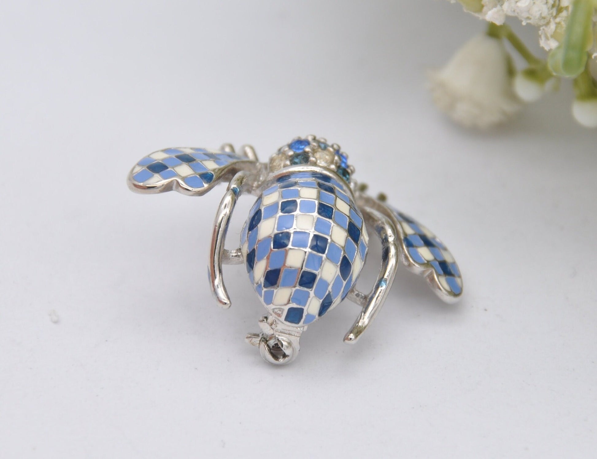 Vintage Joan Rivers Bee Brooch - Silver Tone Blue Enamel and Rhinestone Flying Bug