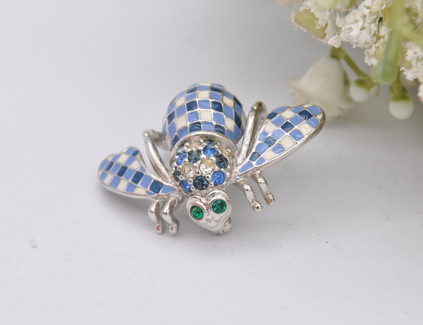 Vintage Joan Rivers Bee Brooch - Silver Tone Blue Enamel and Rhinestone Flying Bug