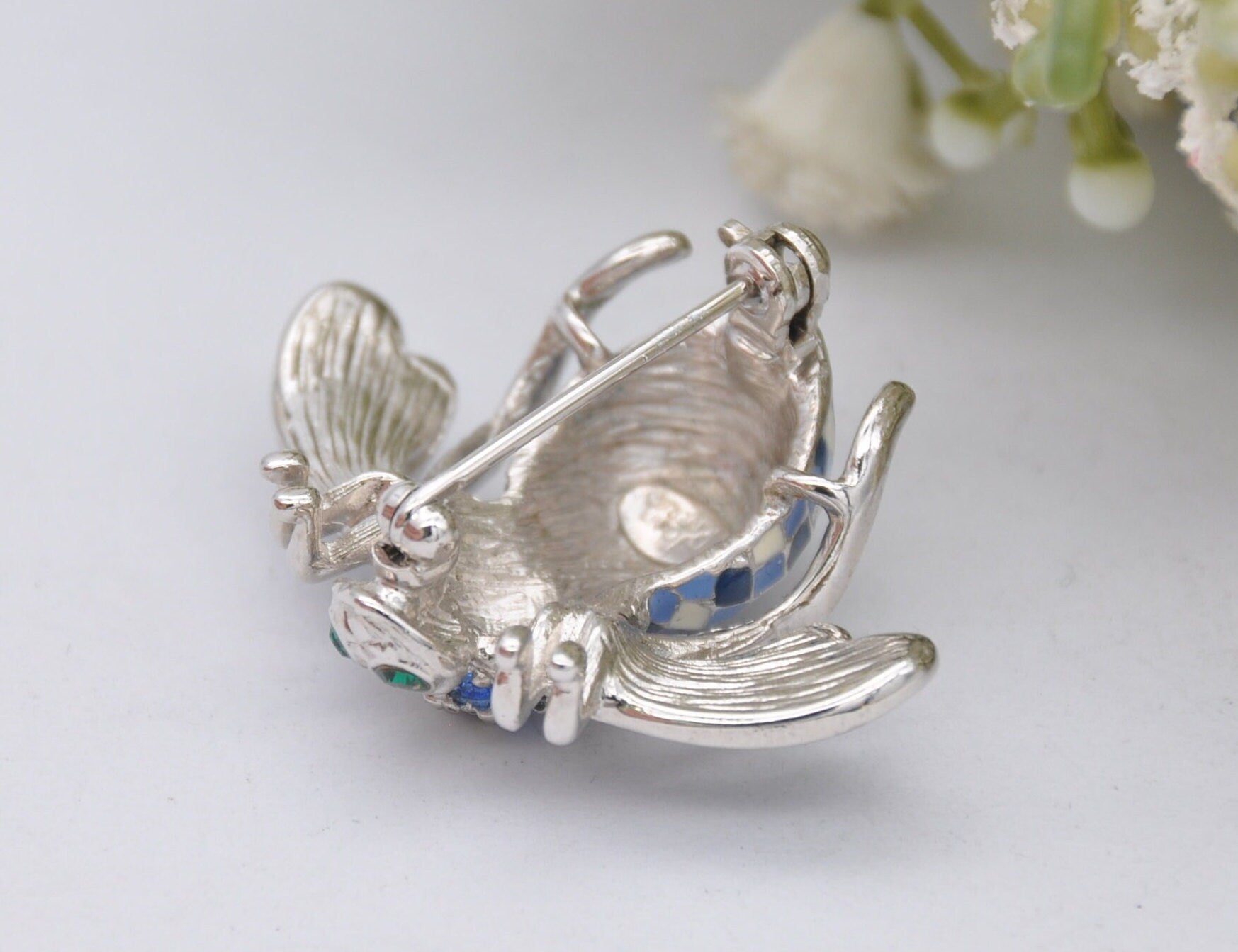 Vintage Joan Rivers Bee Brooch - Silver Tone Blue Enamel and Rhinestone Flying Bug