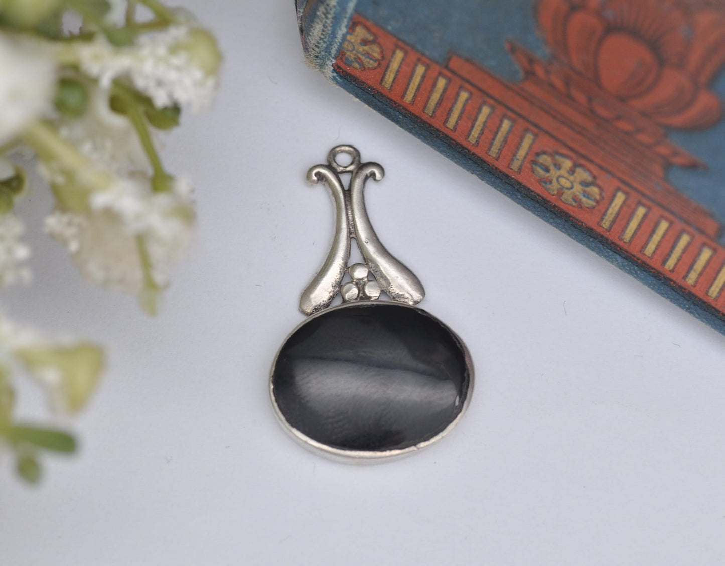 Vintage Sterling Silver and Onyx Pendant - Oval Black Gemstone