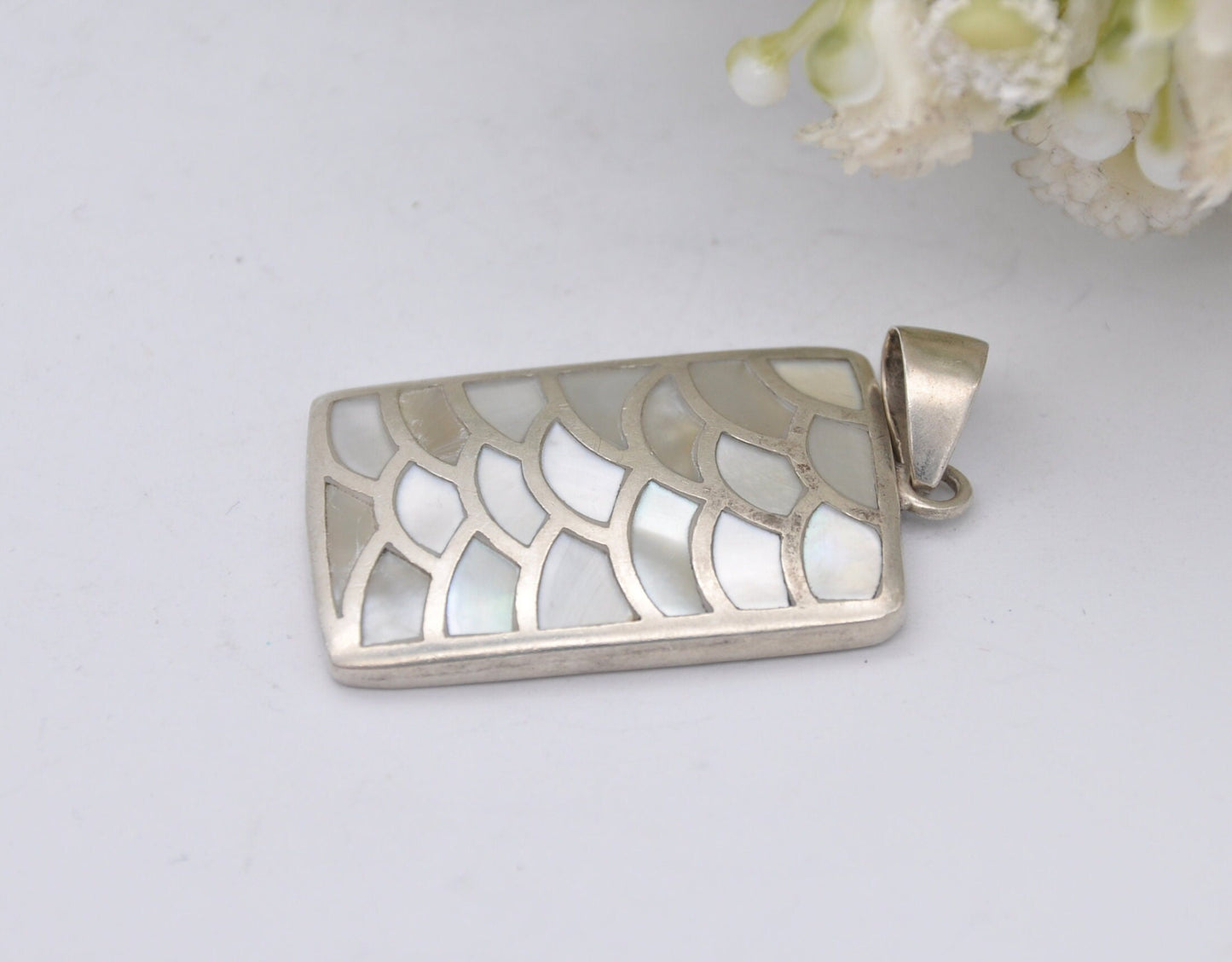 Vintage Sterling Silver Mother of Pearl Pendant - Fish Scales Pattern