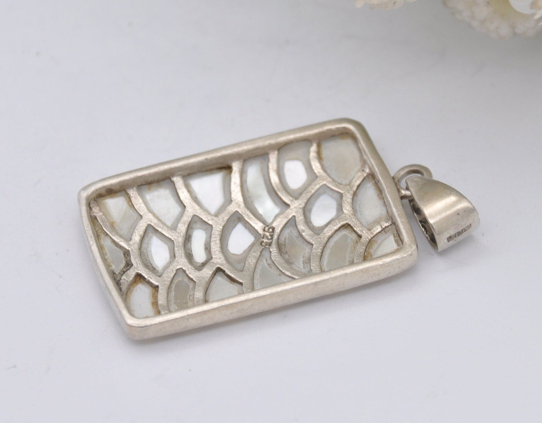 Vintage Sterling Silver Mother of Pearl Pendant - Fish Scales Pattern