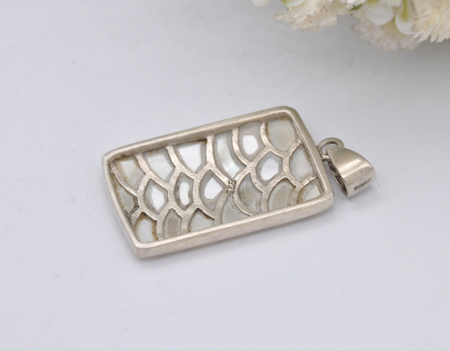 Vintage Sterling Silver Mother of Pearl Pendant - Fish Scales Pattern